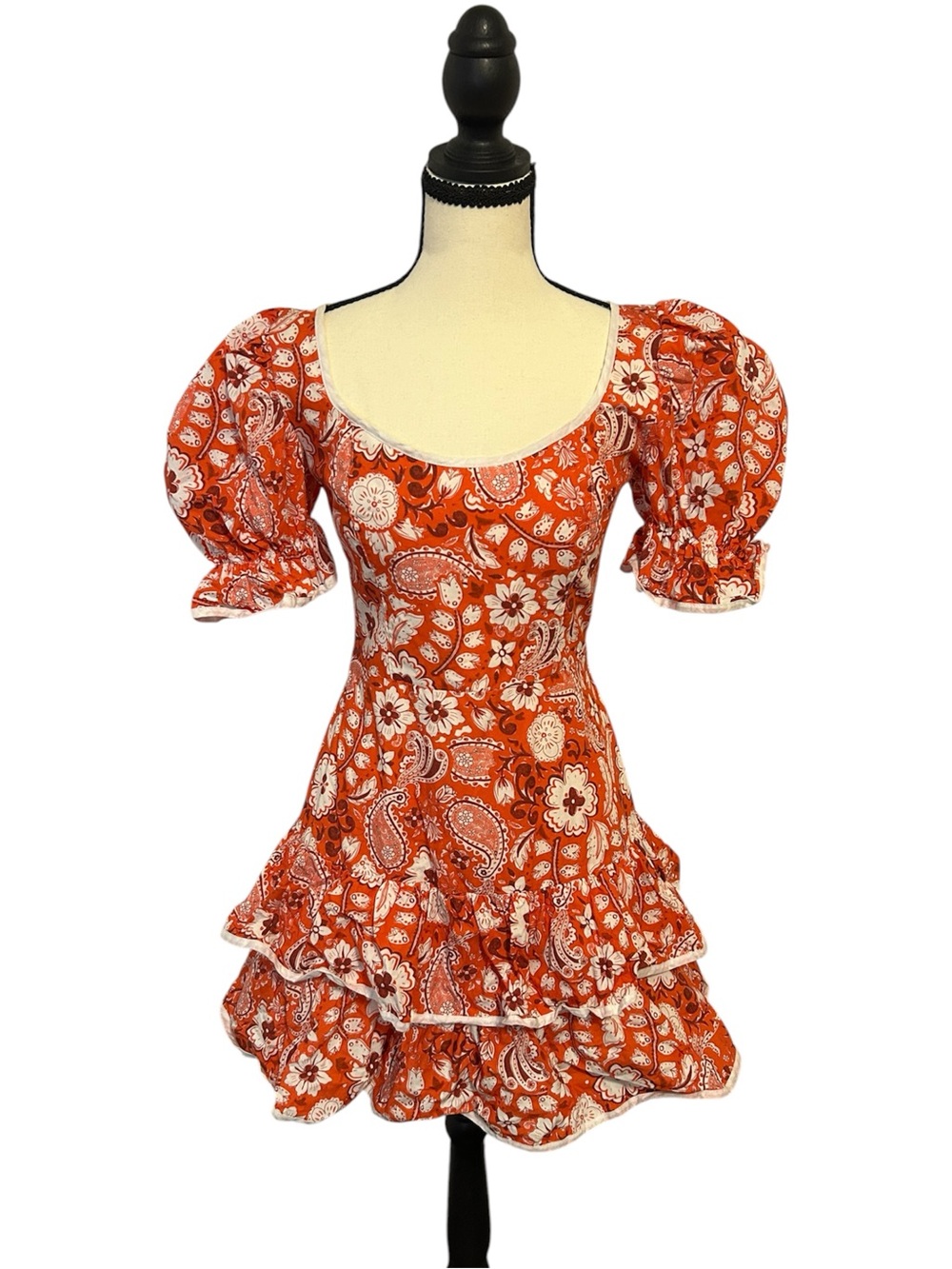 Kasia Red WhiteFloral Paisley Puff Sleeve Ruffle Mini Dress Cottagecore Boho S